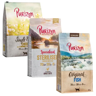 Purizon Katzenfutter für sterilisierte Katzen: Single Meat Chicken mit Kamille, Specialised Sterilised Chicken with Fish, Original Fish. 70% Fleisch & Fisch, 30% Gemüse, 0% Getreide.