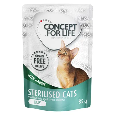 Concept for Life Sterilised Cats, recette sans céréales au lapin, pour chats stérilisés dès 1 an, en gelée, sachet de 85 g. Texte en anglais visible sur l'emballage.