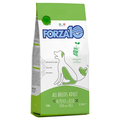 Balení Forza10 All Breeds Adult al pesce con riso, Fish with Rice, 12,5 kg. 100% Eco Pack, compostovatelné a recyklovatelné. S botanicals & veggies, detox effect, prebiotics.