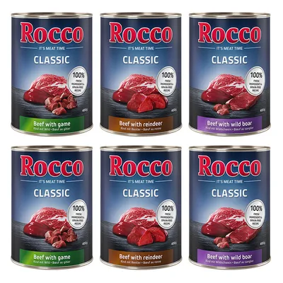 Rocco Classic Nassfutter, Sorten: Rind mit Wild, Rind mit Rentier, Rind mit Wildschwein. 100% frische Zutaten, getreidefreie Rezeptur, 400g Dosen.