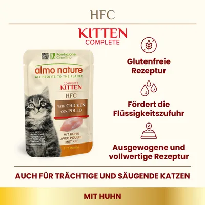 almo nature HFC Kitten Complete avec poulet, sachet pour chaton 2–12 mois. Texte en allemand : recette sans gluten, favorise l’hydratation, recette équilibrée, aussi pour chattes gestantes/allaitantes.