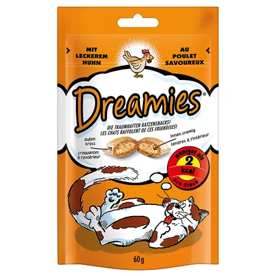 Dreamies friandises pour chats, au poulet savoureux, croquantes à l’extérieur et tendres à l’intérieur, moins de 2 kcal par pièce, sachet de 60 g. Texte en français et allemand visible.