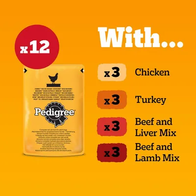 Pack contains 12 pouches: 3 chicken, 3 turkey, 3 beef and liver mix, 3 beef and lamb mix. Pedigree branding visible on packaging.