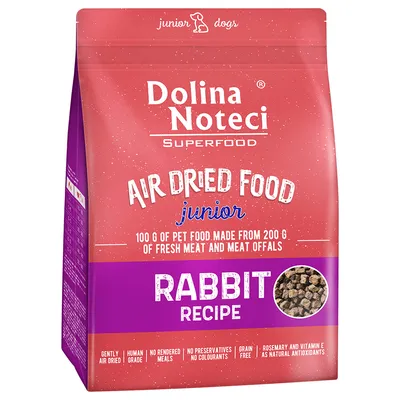 Dolina Noteci Superfood Air Dried Food Junior ricetta con coniglio. 100 g da 200 g di carne fresca e frattaglie. Senza conservanti, senza cereali, con rosmarino e vitamina E.