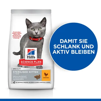 Hill's Science Plan Sterilised Kitten <1 Year mit Huhn. Optimaler Entwicklung und Immunsystem-Support für sterilisierte Kätzchen. Hinweis: Damit sie schlank und aktiv bleiben.