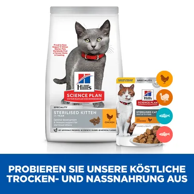 Hill's Science Plan Sterilised Kitten Trockenfutter mit Huhn für Katzen unter 1 Jahr. Auch erhältlich: Nassfutter für sterilisierte Katzen bis 6 Jahre mit Huhn, Truthahn oder Fisch.