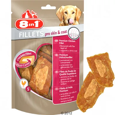 8in1 FILLETS pro skin & coat, Premium Hähnchenfilet aromatisiert mit Leinsamenöl, unterstützt ein glänzendes Fell. Chicken Fillet +Nutri-Center.