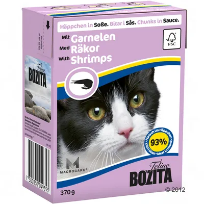 Bozita Feline, komadići u umaku s kozicama, 370 g. Vidljiv natpis: 93 % mesa u komadićima. FSC oznaka na pakiranju.