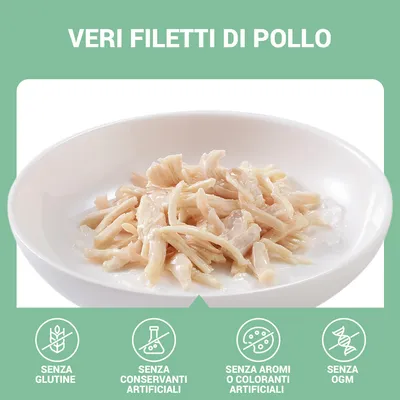 Veri filetti di pollo in ciotola. Testo: senza glutine, senza conservanti artificiali, senza aromi o coloranti artificiali, senza OGM.