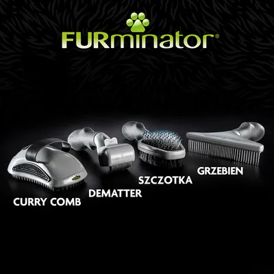 FURminator. Cztery akcesoria do pielęgnacji sierści: curry comb, dematter, szczotka, grzebień. Nazwy produktów widoczne pod każdym narzędziem.