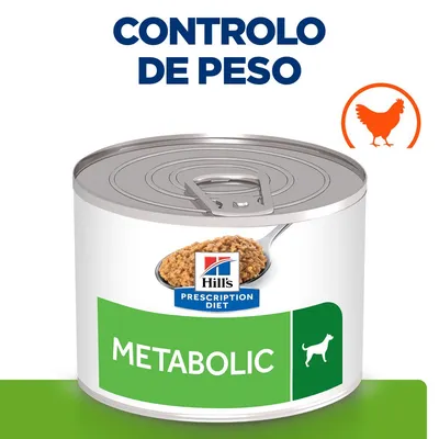 Lata de comida Hill's Prescription Diet Metabolic para cães, com texto 'CONTROLO DE PESO' e ícone de frango visíveis na imagem. Lata de comida Hill's Prescription Diet Metabolic para cães, com texto 'CONTROLO DE PESO' e ícone de frango visíveis na imagem.