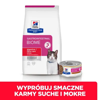 Hill's Prescription Diet Gastrointestinal Biome dla kotów, karma sucha i mokra. Widoczny napis: Wypróbuj smaczne karmy suche i mokre.