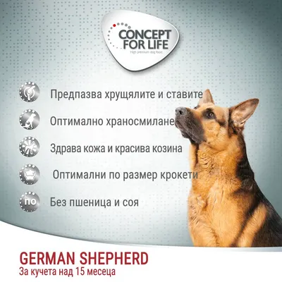 Concept for Life. Предпазва хрущялите и ставите, оптимално храносмилане, здрава кожа и красива козина, оптимални по размер крокети, без пшеница и соя. German Shepherd за кучета над 15 месеца. Concept for Life. Предпазва хрущялите и ставите, оптимално храносмилане, здрава кожа и красива козина, оптимални по размер крокети, без пшеница и соя. German Shepherd за кучета над 15 месеца.