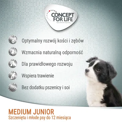 Concept for Life Medium Junior. Optymalny rozwój kości i zębów, wzmacnia odporność, dla prawidłowego rozwoju, wspiera trawienie, bez pszenicy i soi. Szczenięta do 12 miesięcy.