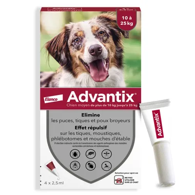 Advantix Elanco pour chien moyen 10 à 25 kg, élimine puces, tiques et poux broyeurs, effet répulsif sur tiques, moustiques, phlébotomes et mouches d’étable. 4 x 2,5 ml.