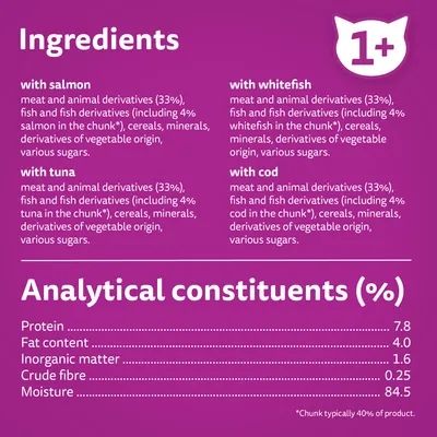Ingredients: with salmon, tuna, whitefish, cod. Analytical constituents: protein 7.8%, fat 4.0%, inorganic matter 1.6%, crude fibre 0.25%, moisture 84.5%. For cats aged 1+.