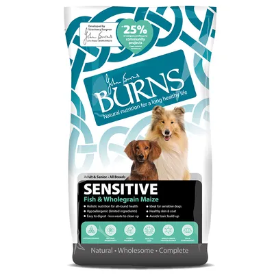 Burns Sensitive Fish & Wholegrain Maize hundefoder, tekst: Natural nutrition for a long healthy life, 25% of company profits go to community projects, Adult & Senior, All Breeds.