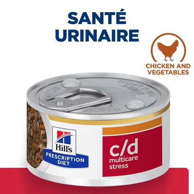 Boîte Hill's Prescription Diet c/d multicare stress, mention « Santé urinaire », saveur chicken and vegetables, étiquette visible sur l’emballage.