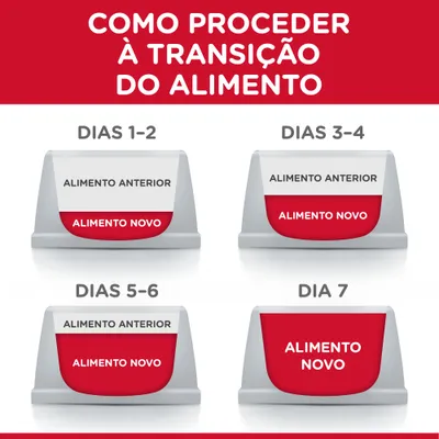 Guia de transição alimentar: dias 1–2 e 3–4 mistura alimento anterior e novo; dias 5–6 mais alimento novo; dia 7 só alimento novo. Texto: 'Como proceder à transição do alimento'.