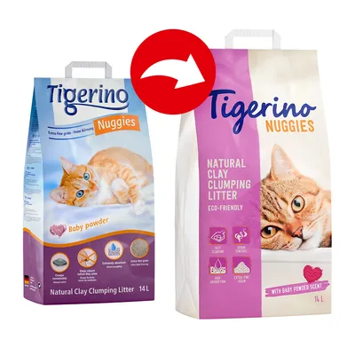 Cambio de envase: arena aglomerante para gatos Tigerino Nuggies Baby powder, 14 L. Texto visible: Natural Clay Clumping Litter, eco-friendly, fast clumping, odour control, absorption.