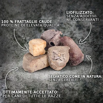 100 % frattaglie crude: proteine di elevata qualità, liofilizzato senza additivi né conservanti, selvatico come in natura senza cereali, ottimamente accettato per cani di tutte le razze