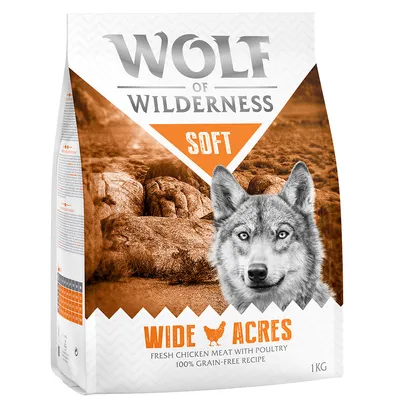 Wolf of Wilderness Soft Wide Acres, fresh chicken meat with poultry, 100% grain-free recipe, 1 kg verpakking zichtbaar op de voorkant.