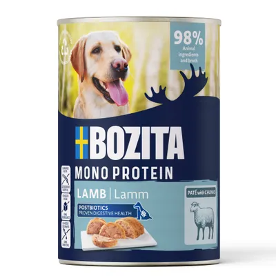 BOZITA Mono Protein Lam, 98% dierlijke ingrediënten en bouillon, postbiotica voor een gezonde spijsvertering, paté met stukjes.