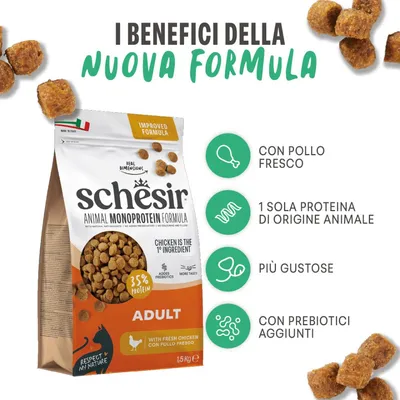 Schesir Animal Monoprotein Formula adult con pollo fresco, 1,5 kg. Vantaggi: con pollo fresco, solo una fonte di proteine animali, gustoso, con prebiotici aggiunti. Schesir Animal Monoprotein Formula adult con pollo fresco, 1,5 kg. Vantaggi: con pollo fresco, solo una fonte di proteine animali, gustoso, con prebiotici aggiunti.