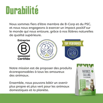 Texte : Durabilité. Entreprise B Certifiée, Accredited Business Pet Sustainability, Top Performer 2024–2025. Sac de litière Nature’s Calling visible en bas à droite.