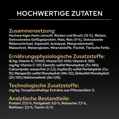 Zusammensetzung: Huhn, Geflügelprotein, Mais, Reis, Rübenschnitzel, Sojamehl, Autolysat, Maisproteinmehl, Mineralstoffe, Fischöl. Analytische Bestandteile: Protein 27%, Fett 9%.