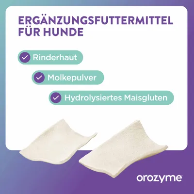 Ergänzungsfuttermittel für Hunde mit Rinderhaut, Molkepulver und hydrolysiertem Maisgluten. Zwei helle Kauknochen abgebildet. Marke: orozyme. Ergänzungsfuttermittel für Hunde mit Rinderhaut, Molkepulver und hydrolysiertem Maisgluten. Zwei helle Kauknochen abgebildet. Marke: orozyme.