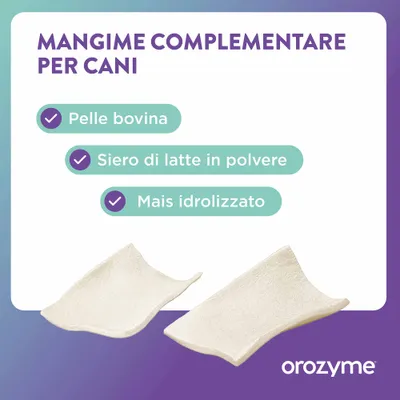 Alimento complementare per cani con pelle di manzo, siero di latte in polvere e mais idrolizzato. Marca: orozymes.