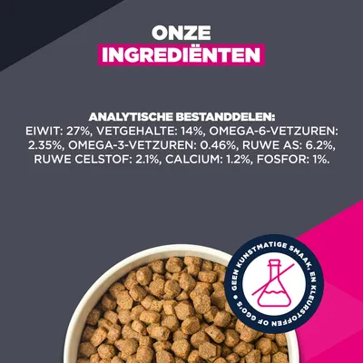 Analytische bestanddelen: Eiwit 27%, vetgehalte 14%, omega-6-vetzuren 2,35%, omega-3-vetzuren 0,46%, ruwe as 6,2%, ruwe vezel 2,1%, calcium 1,2%, fosfor 1%. Analytische bestanddelen: Eiwit 27%, vetgehalte 14%, omega-6-vetzuren 2,35%, omega-3-vetzuren 0,46%, ruwe as 6,2%, ruwe vezel 2,1%, calcium 1,2%, fosfor 1%.