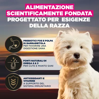 Alimentazione scientificamente studiata: prebiotici e polpa di barbabietola per una digestione sana, omega 6 & 3 per pelle e pelo, antiossidanti e vitamine per il sostegno del sistema immunitario.