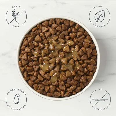 Bowl with brown kibbles and gravy. Text: Grain free, 100% natural, Natural source of hydration, No colours, flavours or preservatives, no artificials. Bowl with brown kibbles and gravy. Text: Grain free, 100% natural, Natural source of hydration, No colours, flavours or preservatives, no artificials.