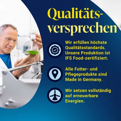 Promesse de qualité : production certifiée IFS Food, aliments et produits de soin fabriqués en Allemagne, utilisation complète d’énergies renouvelables. Promesse de qualité : production certifiée IFS Food, aliments et produits de soin fabriqués en Allemagne, utilisation complète d’énergies renouvelables.