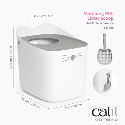 catit PIXI Litter Box con dimensioni: 52 x 41 x 47,5 cm, apertura Ø 23 cm. Paletta PIXI adatta disponibile separatamente (#44265). catit PIXI Litter Box con dimensioni: 52 x 41 x 47,5 cm, apertura Ø 23 cm. Paletta PIXI adatta disponibile separatamente (#44265).