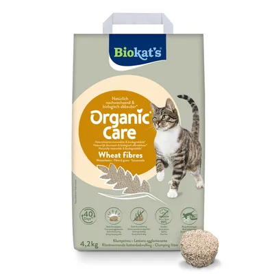 Biokat's Organic Care Wheat Fibres, naturally renewable and biodegradable, 4.2 kg, strong clumping, excellent odour control, up to 99% dust-free, 40 days.