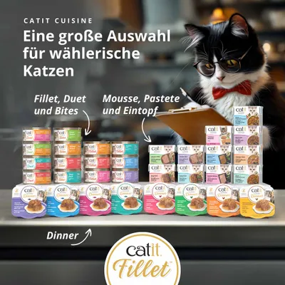 Catit Cuisine : Grand choix pour les chats difficiles. Filet, Duet et Bouchées ; Mousse, Pâté et Ragoût ; Dîner. Différentes variétés de Catit Filet visibles. Catit Cuisine : Grand choix pour les chats difficiles. Filet, Duet et Bouchées ; Mousse, Pâté et Ragoût ; Dîner. Différentes variétés de Catit Filet visibles.
