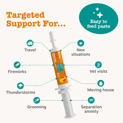 Paste in syringe, suitable for travel, new situations, vet visits, moving house, separation anxiety, grooming, thunderstorms and fireworks. Easy to administer.
