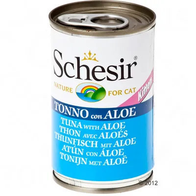 Консерва Schesir Nature for Cat Kitten, Tonno con Aloe. Видим текст: Tuna with Aloe, Thon avec Aloés, Thunfisch mit Aloe, Atún con Áloe, Tonijn met Aloë.