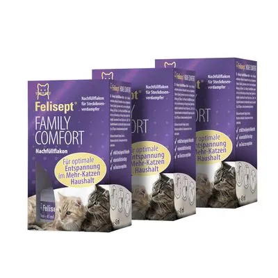 Felispet Family Comfort navulflacon, zichtbare tekst: Für optimale Entspannung im Mehr-Katzen Haushalt. Drie paarse verpakkingen met kattenafbeelding, inhoud 45 ml.