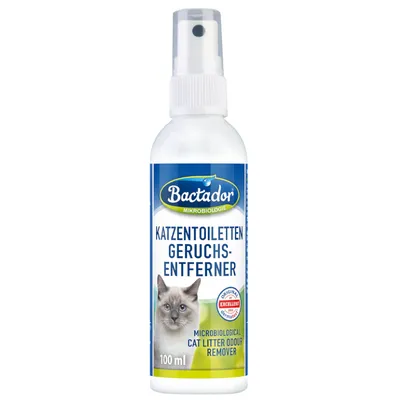 Spray Bactador Mikrobiologie, 100 ml, testo visibile: KATZENTOILETTEN GERUCHS-ENTFERNER, MICROBIOLOGICAL CAT LITTER ODOUR REMOVER, immagine di un gatto sulla confezione.