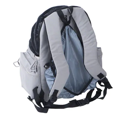 Sac à dos gris avec bretelles rembourrées, poches latérales zippées et partie supérieure en maille noire. Intérieur spacieux visible, sangles réglables noires.