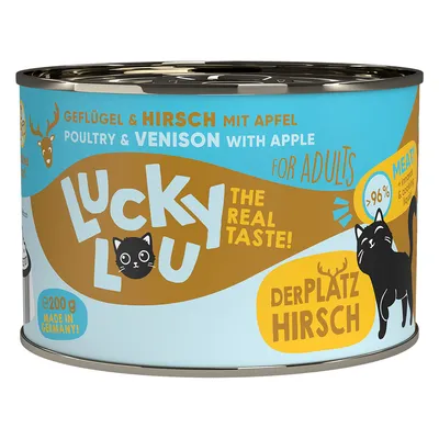Lucky Lou fågel & hjort med äpple, 200g burk, 96% köttandel, Made in Germany, för vuxna katter. Der Platzhirsch – The Real Taste!