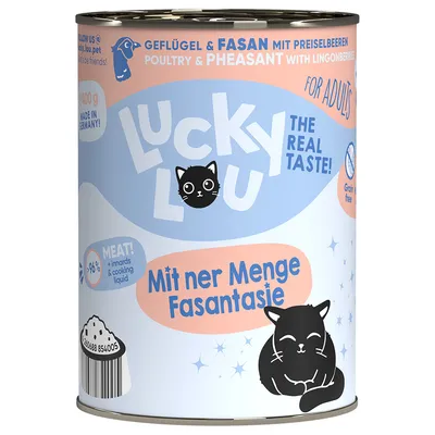 Lucky Lou kattmat, fjäderfä & fasan med tranbär, Made in Germany, över 96 % köttandel, för vuxna, spannmålsfri.