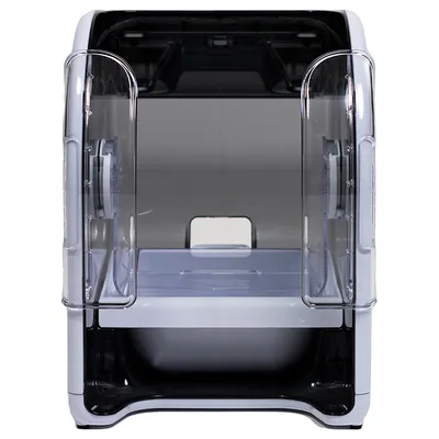 Transparenter Futterautomat mit zwei seitlichen Klappen und Innenraum für Futterschale, geeignet zur automatischen Fütterung.