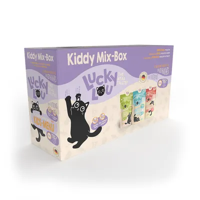 Boîte Kiddy Mix-Box Lucky Lou pour chatons, 12 sachets, trois variétés visibles sur l’emballage. Mentions : Kids-Menu, Meat Free, No added sugar, The real taste!