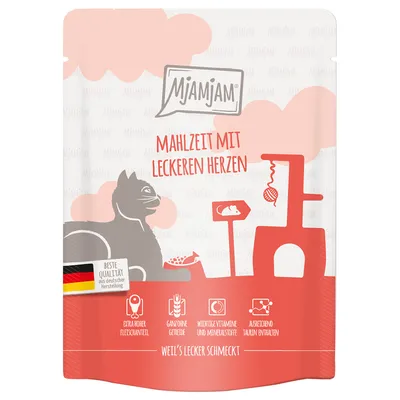 Mjamjam Mahlzeit s chutnými srdíčky. Nejvyšší kvalita z německé výroby. Extra vysoký podíl masa, bez obilovin, důležité vitaminy a minerály, obsahuje dostatek taurinu.