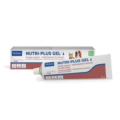 Virbac NUTRI-PLUS GEL 120 g, soutien énergétique, multivitamines et minéraux pour chats et chiens. Texte visible : Energy support – Multivitamins & minerals. Images d’un chat et d’un chien.